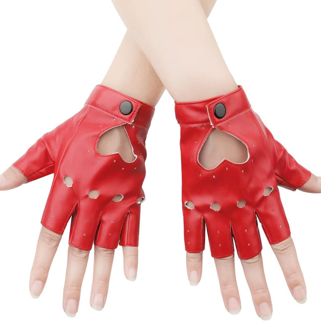 1 Pair Half Finger Leather Gloves - Stylish Red Fingerless Biker Punk for Halloween, Women, Girls, Cosplay, Performance