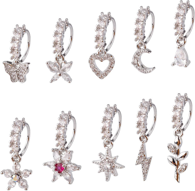 10 Pcs Dangle Nose Stud Rings Hoops Copper Dainty Star Moon Heart Leaf Flower Butterfly Hoop Piercing
