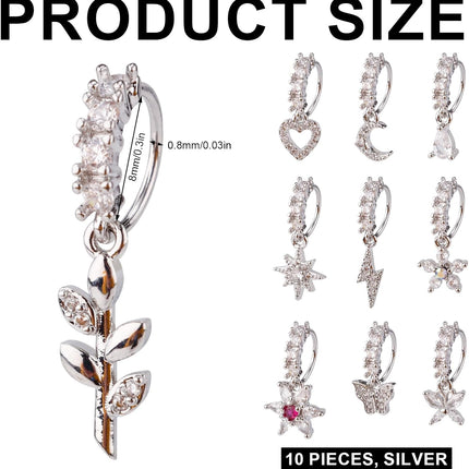 10 Pcs Dangle Nose Stud Rings Hoops, Copper Dainty Star Moon Heart Leaf Flower Butterfly Hoop Piercing Jewelry for Women Fashion Accessories(Silver) -