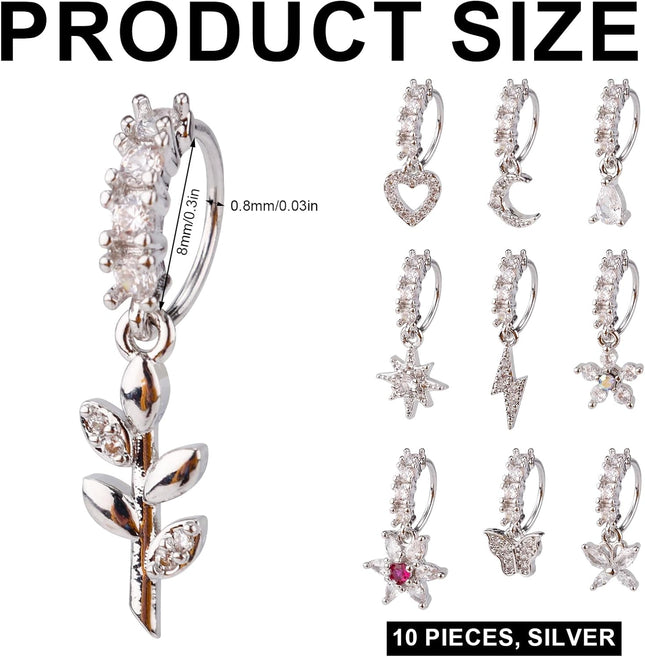 10 Pcs Dangle Nose Stud Rings Hoops Copper Dainty Star Moon Heart Leaf Flower Butterfly Hoop Piercing – product detail