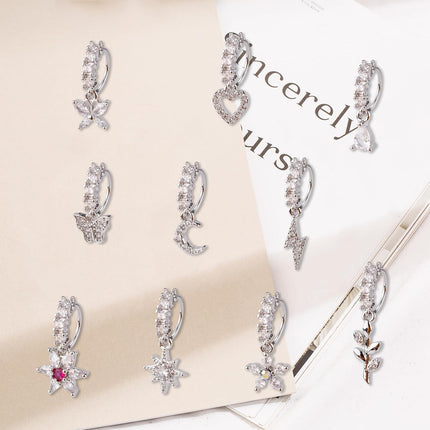 10 Pcs Dangle Nose Stud Rings Hoops, Copper Dainty Star Moon Heart Leaf Flower Butterfly Hoop Piercing Jewelry for Women Fashion Accessories(Silver) -