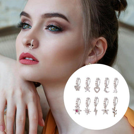 10 Pcs Dangle Nose Stud Rings Hoops, Copper Dainty Star Moon Heart Leaf Flower Butterfly Hoop Piercing Jewelry for Women Fashion Accessories(Silver) -
