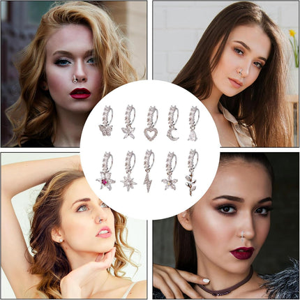 10 Pcs Dangle Nose Stud Rings Hoops, Copper Dainty Star Moon Heart Leaf Flower Butterfly Hoop Piercing Jewelry for Women Fashion Accessories(Silver) -
