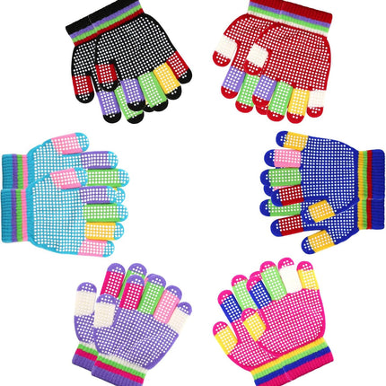 6 Pairs Kids Anti-Skid Magic Gloves, Multicolor Winter Warm Full Finger Mittens Stretchy Knitted Gloves for Boys and Girls -