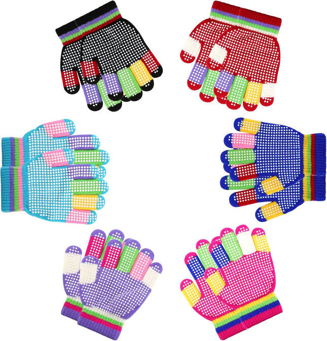 6 Pairs Kids Anti-Skid Magic Gloves Multicolor Winter Warm Full Finger Mittens Stretchy Knitted Gloves for