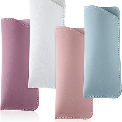 Soft Leather Glasses Cases, 4 Pcs Slim Reading Eyeglasses Case Portable PU Sunglasses Pouch Safety for Women Men 2.8 x 6.8 Inch, Colors -