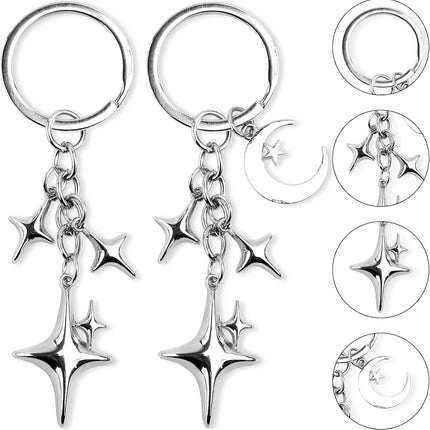 2pcs Cute Star Moon Keychains, Y2k Key Chain Charms Aesthetic Ring Bag Accessories Keychains for Purse Handbag Backpack Car Holder (2 Designs) -