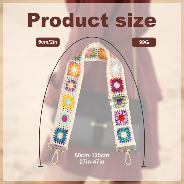 Crochet Flower Straps 2.1in Width Adjustable Crossbody Strap White Multicolor Polyester Cotton Vintage – product detail