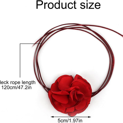 Vintage Flower Necklaces, Boho Floral Necklace Adjustable Fabric Rose for Women Girls Bride Wedding Party Birthday (Red) -