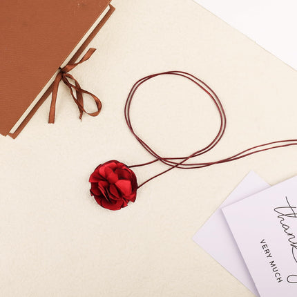 Vintage Flower Necklaces, Boho Floral Necklace Adjustable Fabric Rose for Women Girls Bride Wedding Party Birthday (Red) -