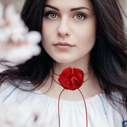 Vintage Flower Necklaces, Boho Floral Necklace Adjustable Fabric Rose for Women Girls Bride Wedding Party Birthday (Red) -