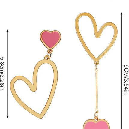 Asymmetric Heart Earrings, Hollow Stud Earrings Long Love Pendant Big Dangle Costume Jewelry for Women Christmas Party Valentines Day -