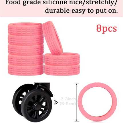 8pcs Portable Luggage Wheel Covers - Colorful Silicone Protectors for Most 8 Caster Suitcase Spinner Wheels (Pink)