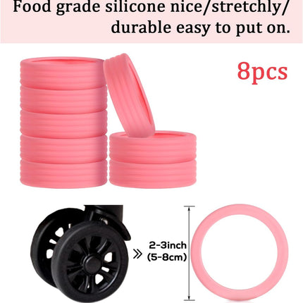 8pcs Portable Luggage Wheel Covers - Colorful Silicone Protectors for Most 8 Caster Suitcase Spinner Wheels (Pink)