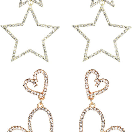 2 Pairs Rhinestone Big Star Earrings, Love Heart Dangle Earrings Crystal Sparkly Drop Jewelry for Women Wedding Birthday Party Valentines Day (Gold) -