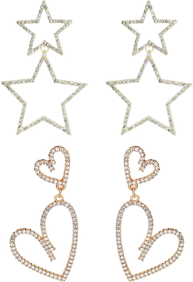 2 Pairs Rhinestone Big Star Earrings Love Heart Dangle Earrings Crystal Sparkly Drop Jewelry for Women