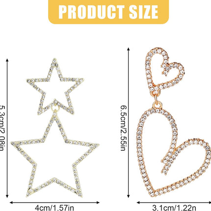 2 Pairs Rhinestone Big Star Earrings, Love Heart Dangle Earrings Crystal Sparkly Drop Jewelry for Women Wedding Birthday Party Valentines Day (Gold) -