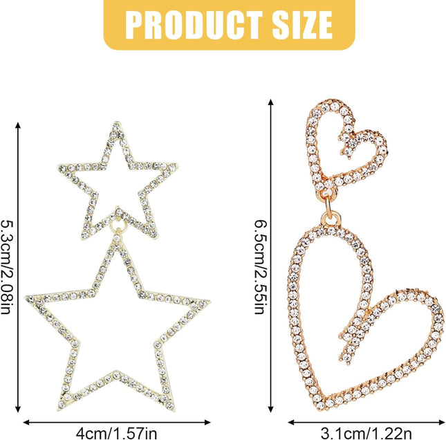 2 Pairs Rhinestone Big Star Earrings Love Heart Dangle Earrings Crystal Sparkly Drop Jewelry for Women – product detail