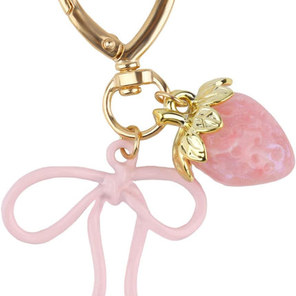 Cute Strawberry Keychain with Bow, Kawaii Bow Heart Key Chains Pink Bag Charms Aesthetic Accessories for Purse Backpack Handbag -
