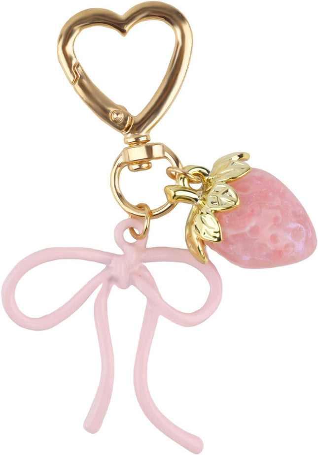 Cute Strawberry Keychain with Bow Kawaii Bow Heart Key Chains Pink Bag Charms Aesthetic Accessories for