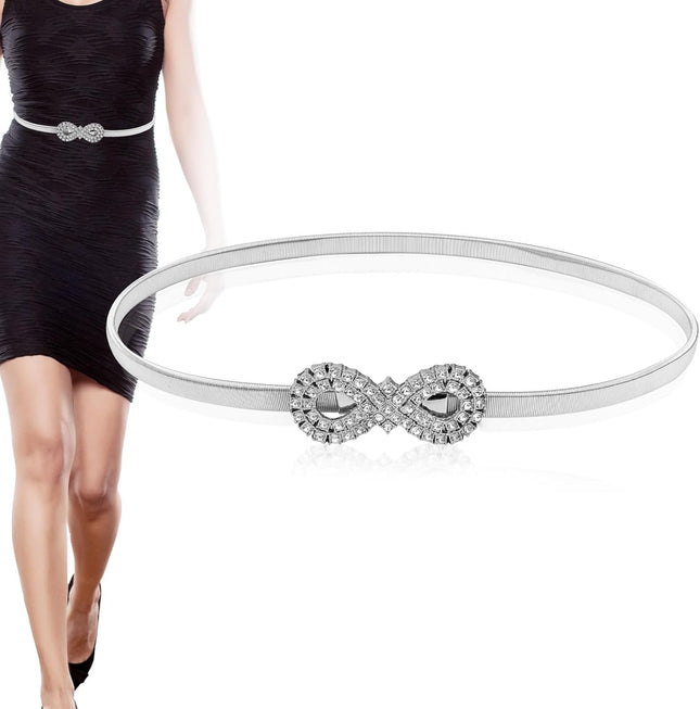 Metal Bow Belt Women's Rhinestone Belt Silver Waist Stretchy Bow-Knot Chain Shinny Waistband Tie Rope for
