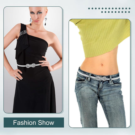 Metal Bow Belt, Women's Rhinestone Belt Silver Waist Stretchy Bow-Knot Chain Shinny Waistband Tie Rope for Dresses Jeans Gift -