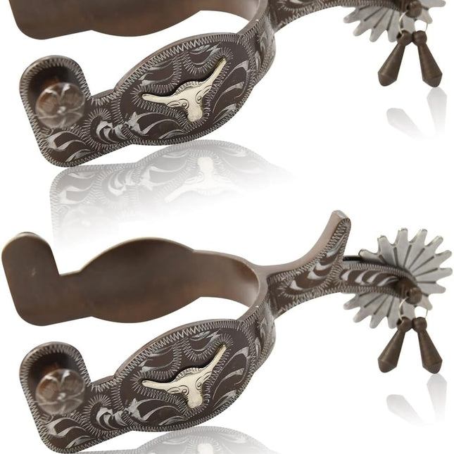 1 Pair Horse Spurs,Western Cowboy Spurs Vintage Boot with Silver Hand Craved Decoration, Fine Workmanship Western for Riding Equestrian Training -