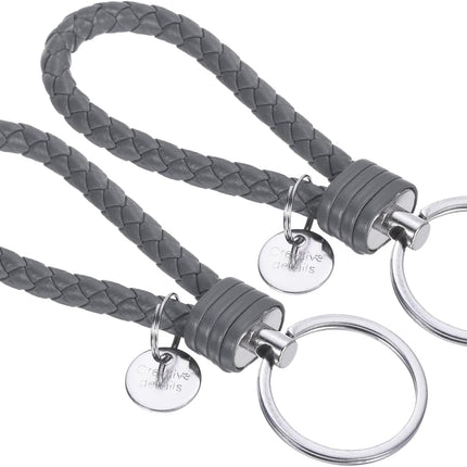 Braided Leather Keychain with Stainless Steel Key Ring Sleeves, PU Woven Wristlet Lanyard Strap Fob Keyring Holder Gray -