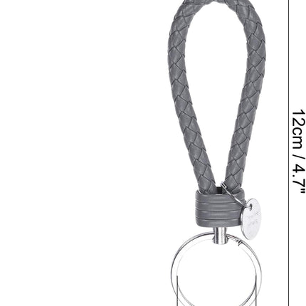 Braided Leather Keychain with Stainless Steel Key Ring Sleeves, PU Woven Wristlet Lanyard Strap Fob Keyring Holder Gray -