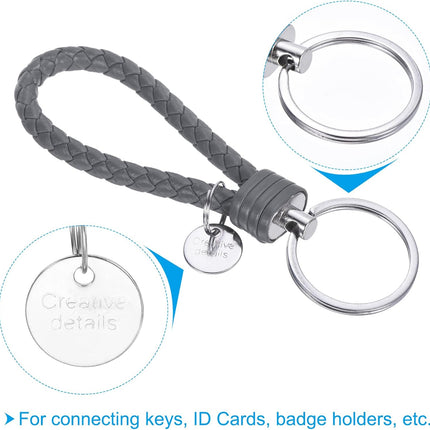 Braided Leather Keychain with Stainless Steel Key Ring Sleeves, PU Woven Wristlet Lanyard Strap Fob Keyring Holder Gray -