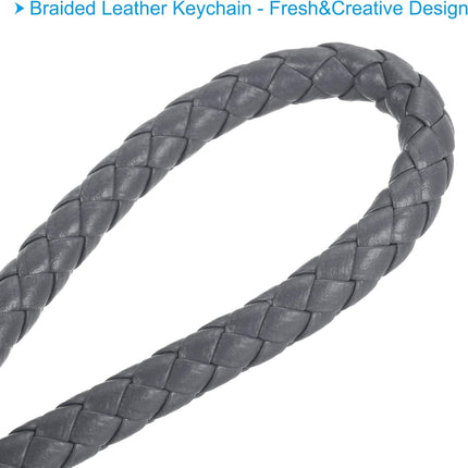 Braided Leather Keychain with Stainless Steel Key Ring Sleeves, PU Woven Wristlet Lanyard Strap Fob Keyring Holder Gray -