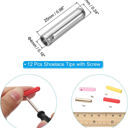 12 Pcs Shoelace Tips with Screw, Alloy 25mm Cylindrical Aglets Shoes Lace Cords End Tip Cap Replacement Silver Tone -