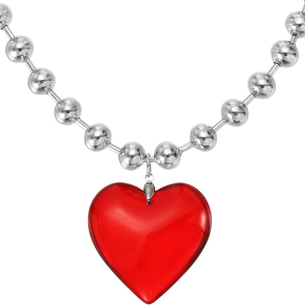 Glass Heart Shape Pendant Necklace, Alloy Chain Love Charms Necklace Red -