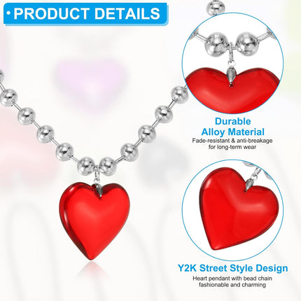 Glass Heart Shape Pendant Necklace, Alloy Chain Love Charms Necklace Red -