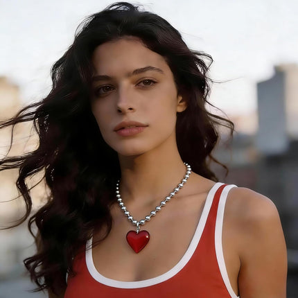 Glass Heart Shape Pendant Necklace, Alloy Chain Love Charms Necklace Red -