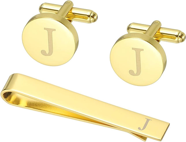 Cuff Links Mens Initial Tie Clip and Cufflinks Set for Men Classic 26 Letters Business Wedding in Gold