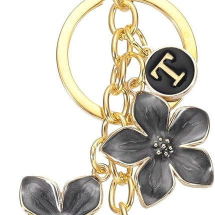 Initial Letter Flower Keychain, Alphabet Drip Oil Charm Cherry Blossom Keyring Keys for Birthdays Black -