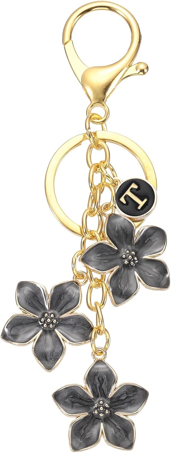 Initial Letter Flower Keychain Alphabet Drip Oil Charm Cherry Blossom Keyring Keys for Birthdays Black