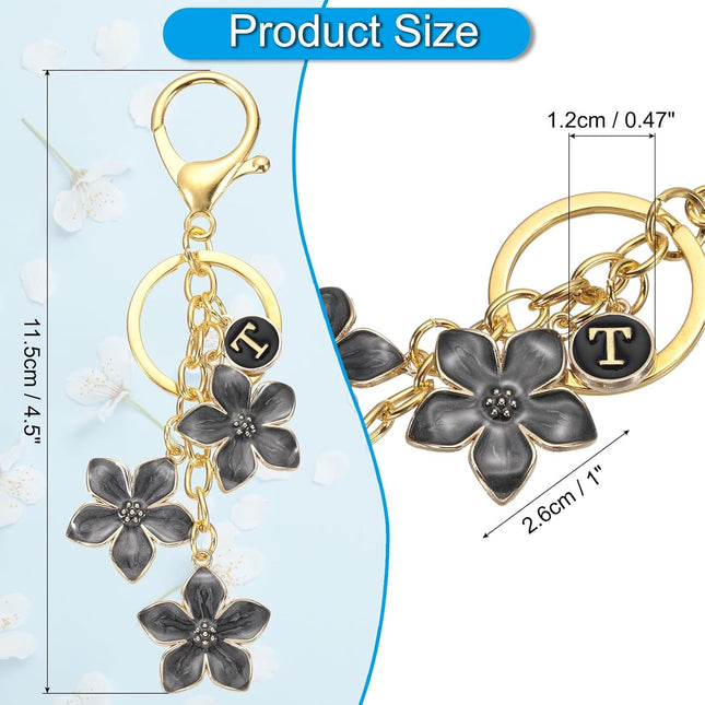 Initial Letter Flower Keychain Alphabet Drip Oil Charm Cherry Blossom Keyring Keys for Birthdays Black – product detail