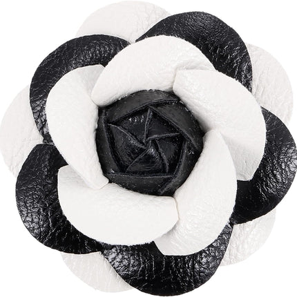 Flower Hair Clips, Camellia Hairpin Floral Brooches Pin Handmade Leather Brooch for Lady Bridal Women Hat Dress Black White -