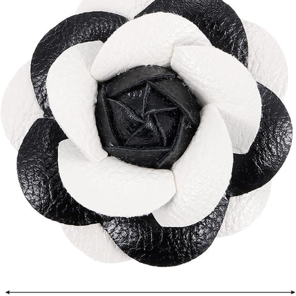 Flower Hair Clips, Camellia Hairpin Floral Brooches Pin Handmade Leather Brooch for Lady Bridal Women Hat Dress Black White -