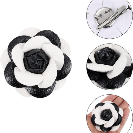 Flower Hair Clips, Camellia Hairpin Floral Brooches Pin Handmade Leather Brooch for Lady Bridal Women Hat Dress Black White -