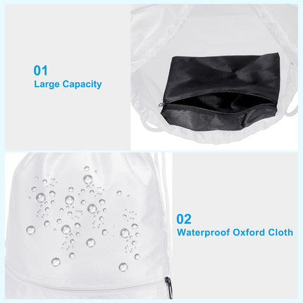 Drawstring Backpack Bag, Gym Bags String with Zip Pocket for Women Men, White -