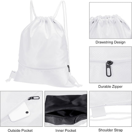 Drawstring Backpack Bag, Gym Bags String with Zip Pocket for Women Men, White -