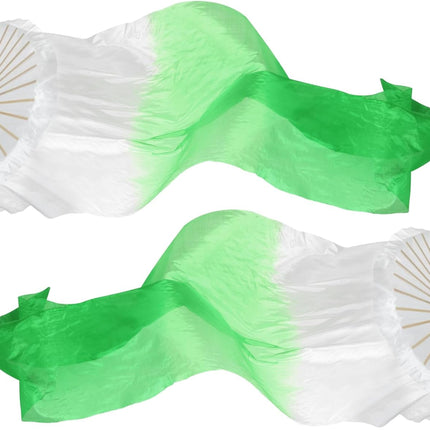 16 Fan Belly Dance Silk Veil 59", 1 Pair (Left+Right) Women Long Folding Wood for Performance, White Green 59"