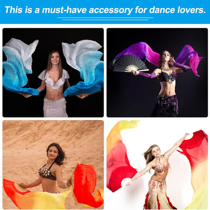 16 Fan Belly Dance Silk Veil 59", 1 Pair (Left+Right) Women Long Folding Wood for Performance, White Green 59"