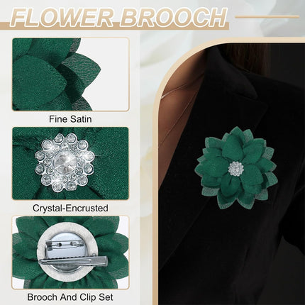 Flower Brooch, Pins Satin Fabric Artificial Crystal Lotus Elegant Brooches Pin Clips Large for Women Clothes Wedding Handmade Floral Banquet Dark Green -