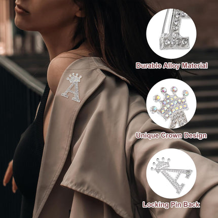 Letter Brooch Pins, Crown Initial Rhinestone Alphabet A Lapel Badges Pin for Women Suits Clothes Craft -