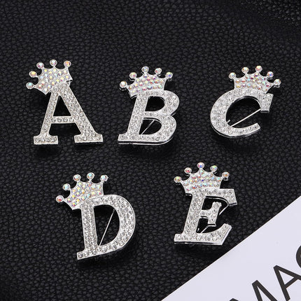 Letter Brooch Pins, Crown Initial Rhinestone Alphabet A Lapel Badges Pin for Women Suits Clothes Craft -