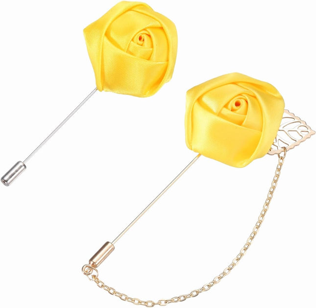 Rose Flower Lapel Pin for Men 2 Style Cloth Brooch Kit Gold Leaf Tassel Chain Satin Boutonnieres Stick Men Yellow